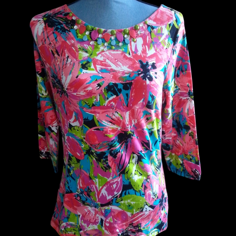 Ruby Rd. Vibrant Floral Top with Beaded Neckline
